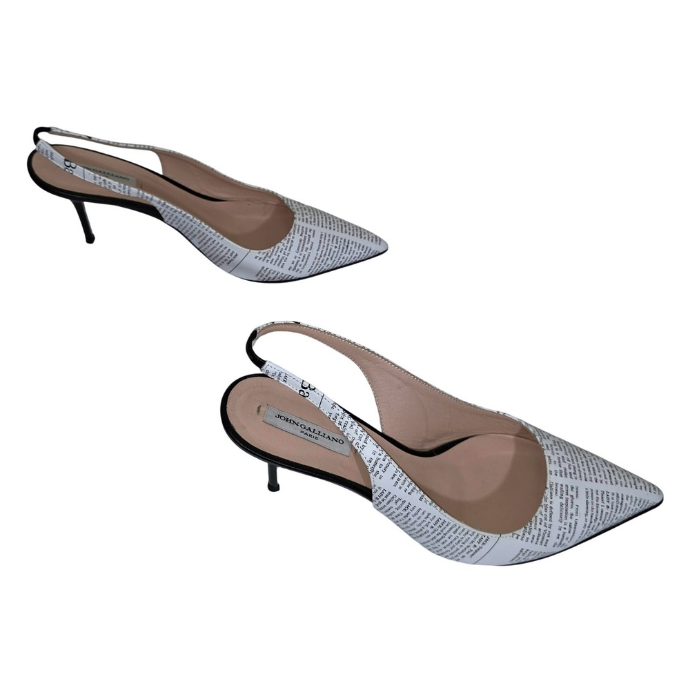 John Galliano Paris Newspaper Print Slingback Heels Womens 9.5 White Black EUC - Picture 12 of 12